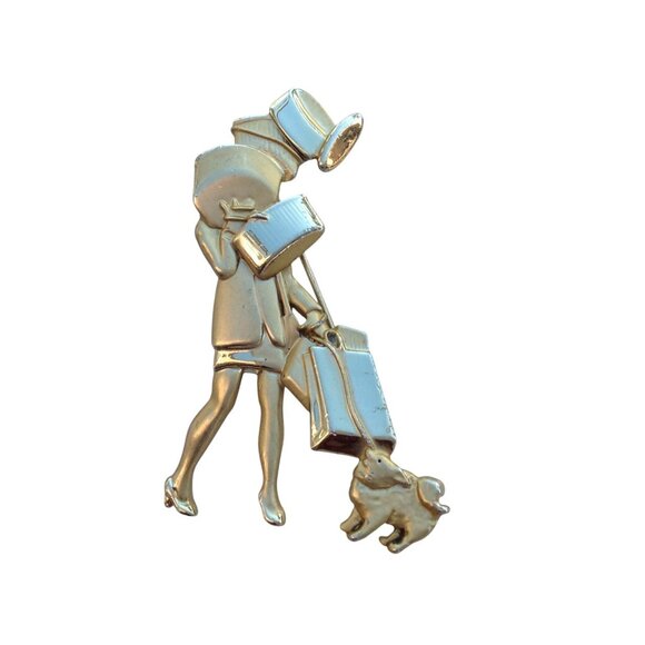 Christmas Brooch High Heeled Lady Struggles w Dog & Multiple Gift Boxes Vintage - Picture 2 of 8